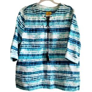 Rudy Rd. Women's M Blue Tie-Dye Top 100% Linen 3/4 Sleeves AccentBlackTassels